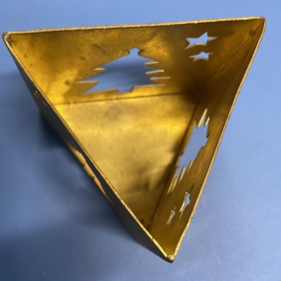 Vintage brass triangular Candle or other decor holder w/Christmas tree & stars - Picture 4 of 6